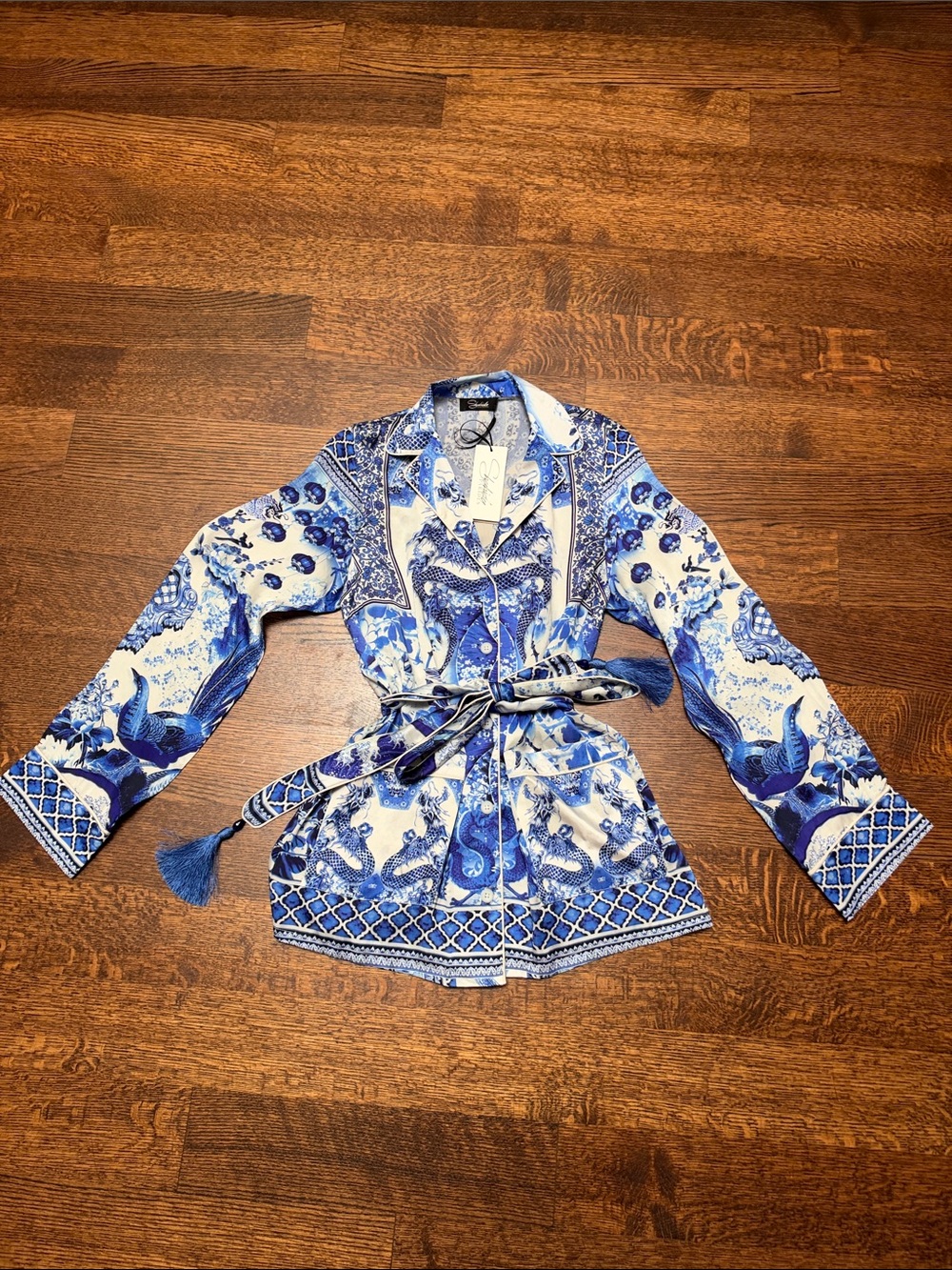 Shahida Parides blue dragon print belted jacket/top